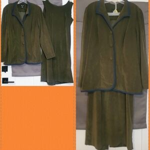 Vintage Leslie Fay Olive Green Faux Suede-Polyester Blue Lined Jacket And Dress